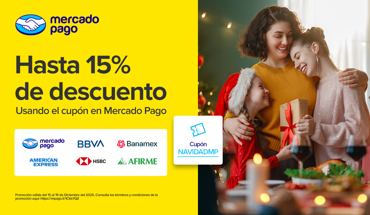 15% de descuento usando el cupón en Mercado Pago. Cupón: NAVIDADMP. Promoción válida del 15 al 19 de diciembre del 2025. Consulta términos y condiciones de la promoción aquí: https://mpago.li/1Ckb7QZ