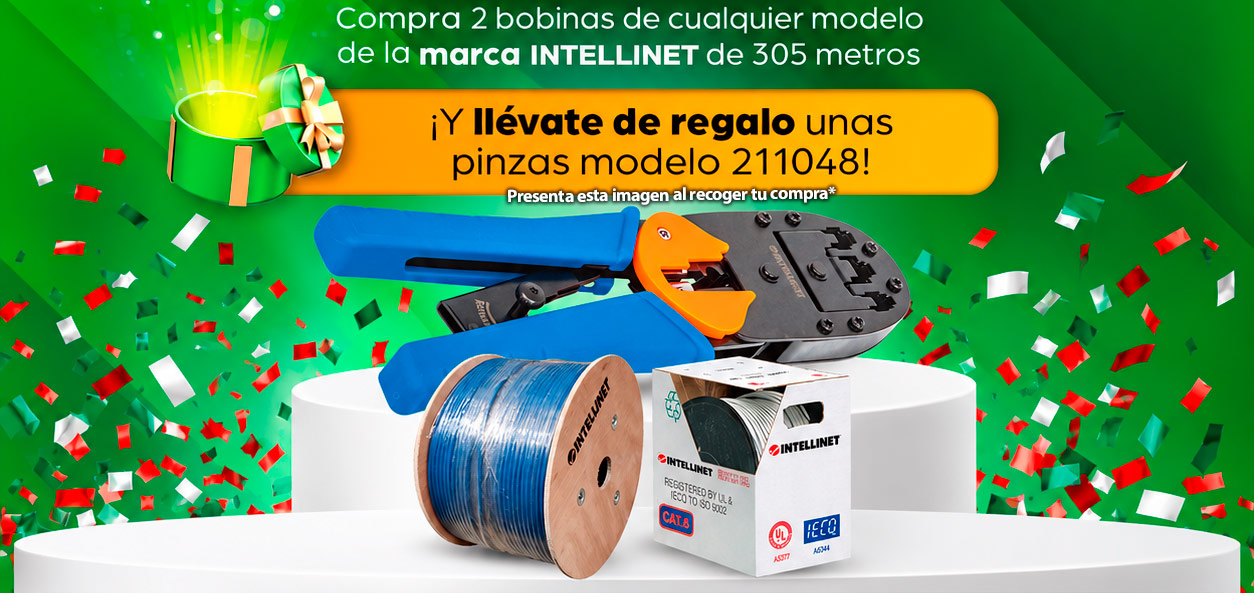Compra 2 bobinas de cualquier modelo de la marca Intellinet de 305 metros ¡Y llévate de regalo unas pinzas modelo 211048! Presenta esta imagen al recoger tu compra*